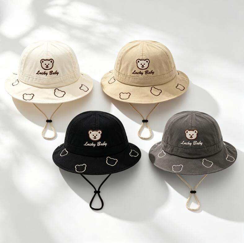 Kids Outdoor Hat - หมวกบักเก็ตเด็กน่ารักลายการ์ตูนหมี ปี 2026 สำหรับฤดูร้อน เหมาะสำหรับเด็กผู้ชายและเด็กผู้หญิง หมวกชาวประมงสีพื้น