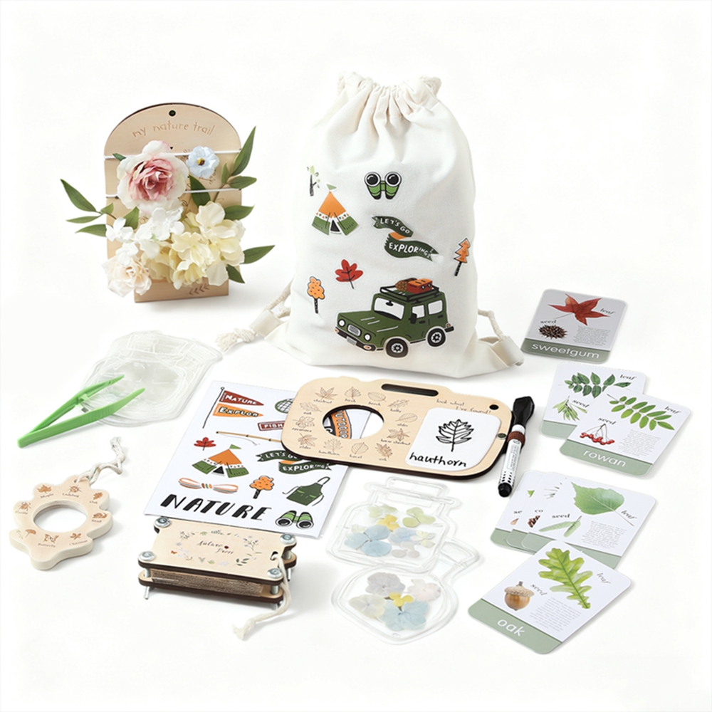 Kids Outdoor Explorer Set - ของเล่นเด็กมอนเตสซอรี่ ชุดของเล่นสำรวจกลางแจ้งสำหรับเด็ก กระดานบันทึกไม้ แว่นขยาย การ์ดระบุชนิดพืชและแมลง