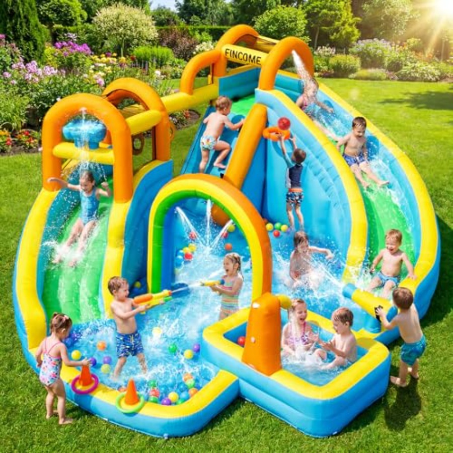 Kids Outdoor Water - สวนสไลเดอร์น้ำเป่าลมกลางแจ้งสำหรับเด็ก: วัสดุ PVC, สีฟ้าและสีเหลือง, สไลเดอร์คู่พร้อมสระน้ำและบาสเกตบอล