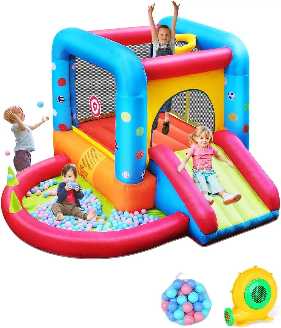 Kids Outdoor House - บ้านลมเป่าลม Step4Fun, บ้านลมพร้อมสไลเดอร์สำหรับเด็ก, เหมาะสำหรับเด็กกระโดดเล่นในงานปาร์ตี้กลางแจ้งและในร่ม, บ้านลมสำหรับเด็กเล่นน้ำในสวนหลังบ้าน