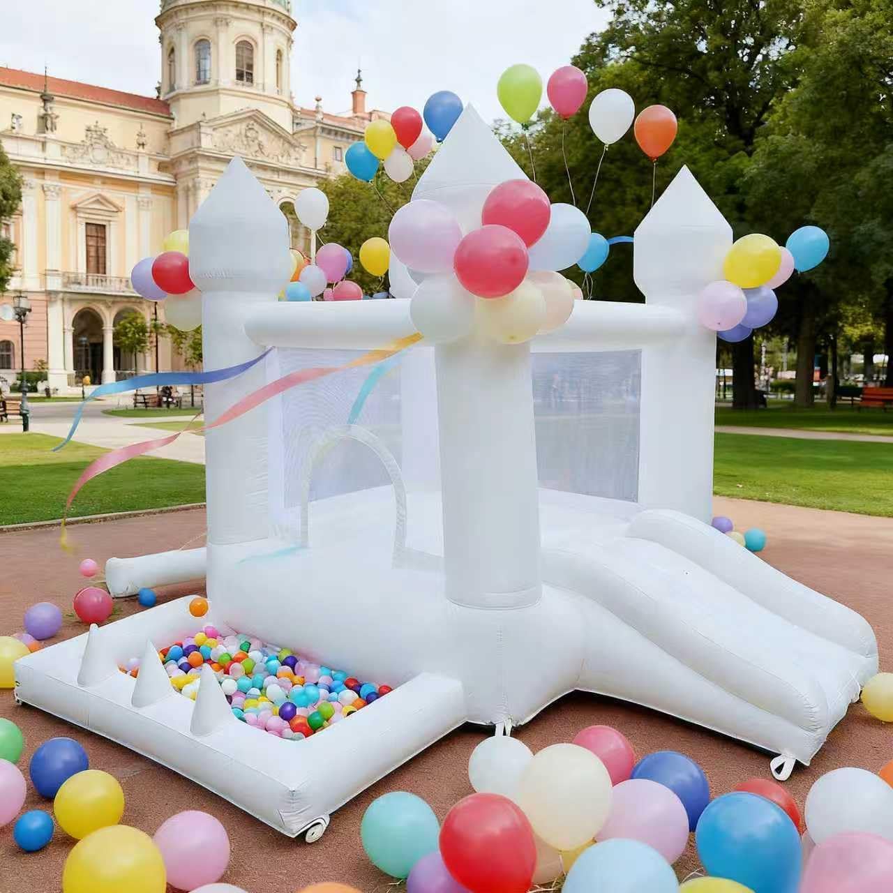 Kids Outdoor House - บ้านลมสีขาว, บ้านลมสำหรับใช้ในร่มและกลางแจ้ง, บ้านลมเป่าลมพร้อมบ่อบอลและสไลเดอร์, บ้านลมสำหรับเด็กทุกช่วงอายุ