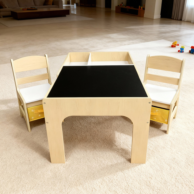 Kids Outdoor Table And Chair Set - ชุดโต๊ะและเก้าอี้เด็กไม้สไตล์โมเดิร์น พร้อมลิ้นชักเก็บของและกระดานดำ สำหรับใช้ในโรงเรียนและกลางแจ้ง