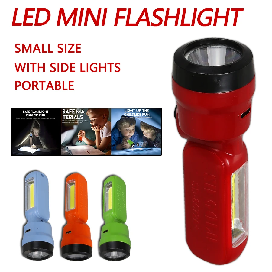 Outdoor Kid - ไฟฉายเด็กมินิ COB+XPE, ไฟฉายเด็กแบบชาร์จไฟได้ 3 โหมด, ไฟกลางคืนแบบพกพาสำหรับตั้งแคมป์เดินป่าของขวัญ
