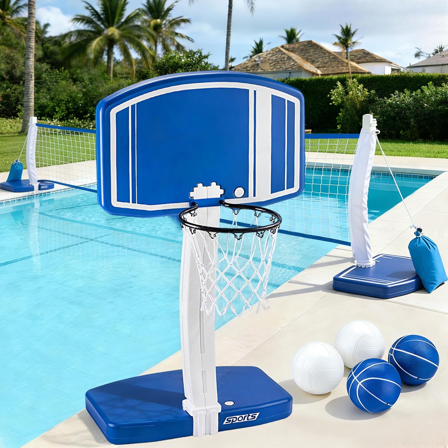 Basketball Hoop Outdoor - ห่วงบาสเก็ตบอลเหนือพื้นดินและตาข่ายวอลเลย์บอล 2-in-1 ของเล่นเกมน้ำกลางแจ้งสำหรับเด็กอายุ 3-12 ปี วัยรุ่น