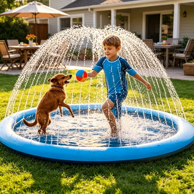 Kids Outdoor Clubhouse - แผ่นรองน้ำขนาดใหญ่ 170×180 ซม. แผ่นรองสปริงเกลอร์แบบเป่าลม แผ่นรองเล่นน้ำแบบหนาพิเศษสำหรับเด็ก สัตว์เลี้ยง