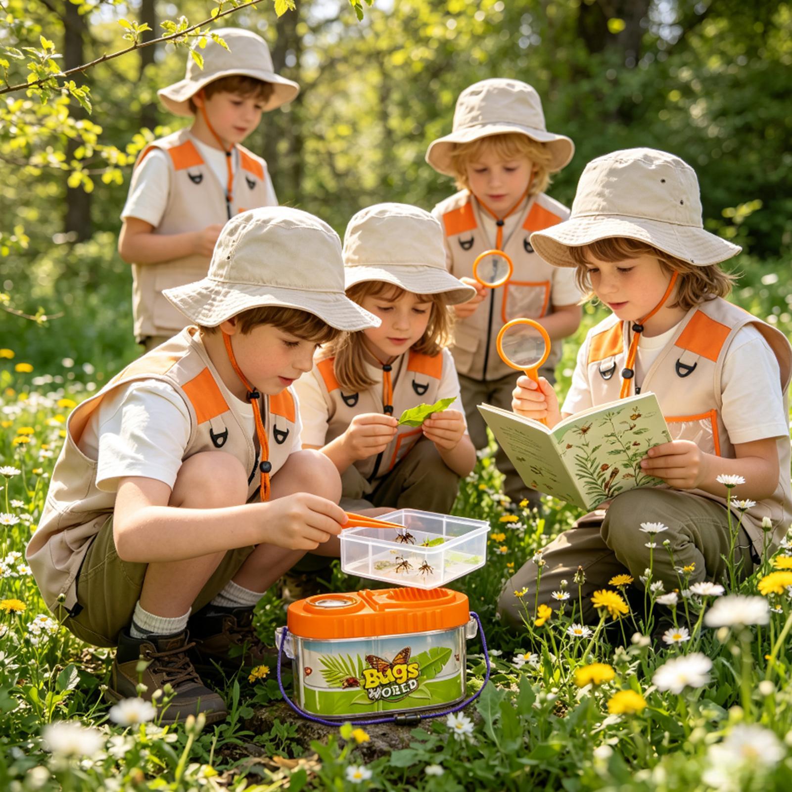Kids Outdoor Explorer Set - ชุดอุปกรณ์ผจญภัยสำหรับเด็กพร้อมแว่นขยาย หมวกน้ำหนักเบา ชุดวิทยาศาสตร์สำหรับเด็ก ชุดจับแมลงและตั้งแคมป์สำหรับเด็กชายและเด็กหญิงสำหรับกิจกรรมกลางแจ้ง