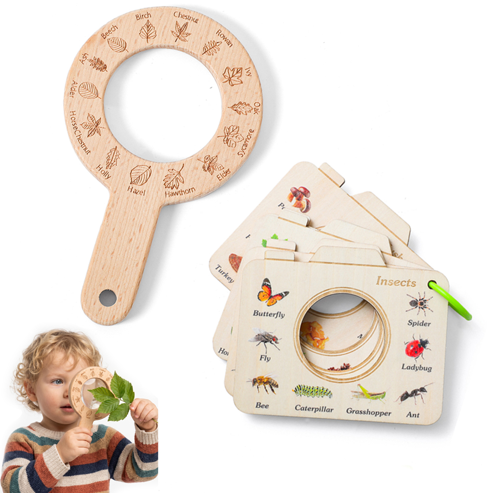 Kids Outdoor Explorer Set - ชุดหนังสือธรรมชาติรูปกล้องและแว่นขยายไม้สำหรับเด็ก เรียนรู้การรับรู้กลางแจ้ง 5 ธีม แมลง นก