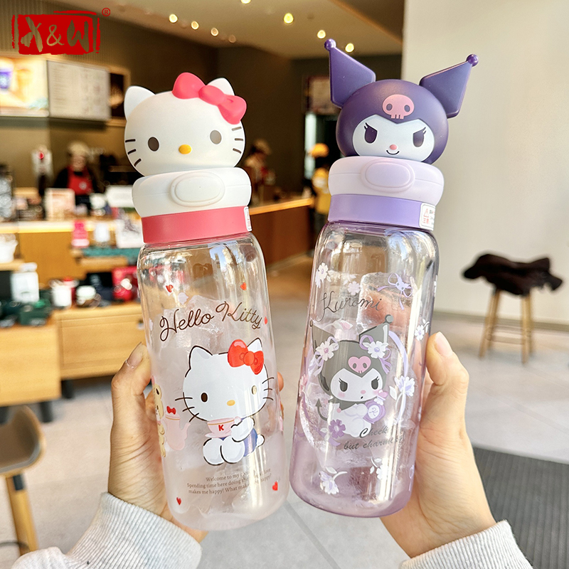 Outdoor Kid Friendly - แก้วน้ำใสลายการ์ตูนซานริโอ้ X&W Kawaii แบบพกพาสำหรับเด็กและนักเรียน ลายเฮลโลคิตตี้ คุโรมิ