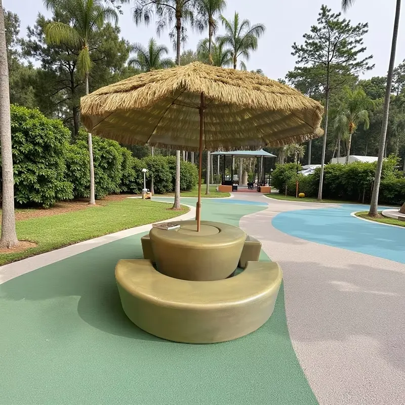 Kids Outdoor Umbrella Chair - ชุดโต๊ะกลมและเก้าอี้กลางแจ้งทันสมัย พร้อมร่มกันน้ำ ทนทาน ดีไซน์ไม้ พร้อมม้านั่งพลาสติกสำหรับเด็ก ปิกนิก