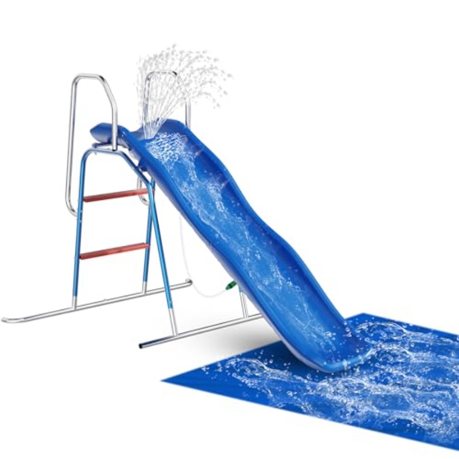 Kids Outdoor Water Sprinkler - สไลเดอร์น้ำสำหรับเด็กในสวนหลังบ้าน วัสดุ PVC สีฟ้าและสีเหลือง พร้อมสปริงเกอร์ฉีดน้ำ 3