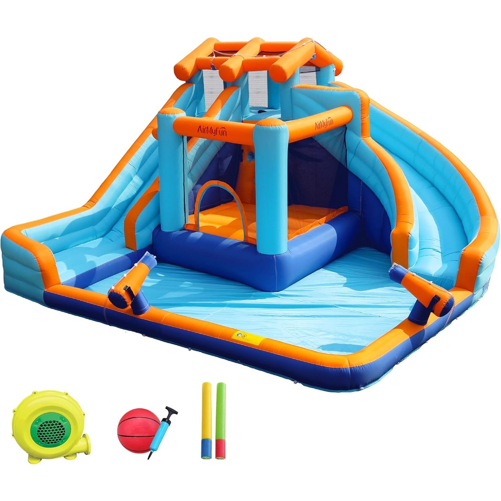 Kids Outdoor House - สไลเดอร์น้ำขนาดใหญ่พร้อมบ้านลมสระน้ำและห่วงบาสเก็ตบอล ปราสาทลมเป่าลมสำหรับเด็กและผู้ใหญ่เล่นกลางแจ้ง