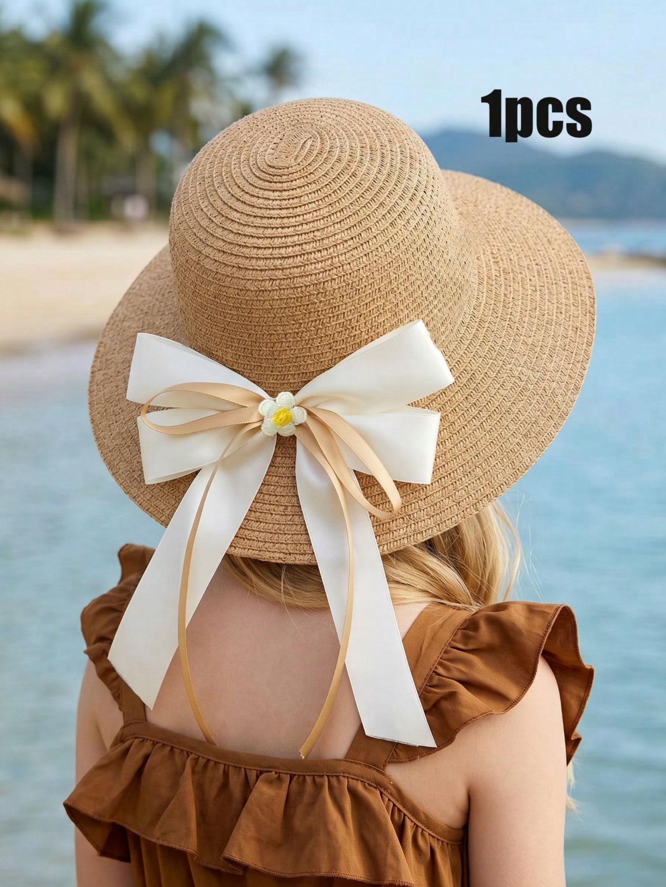 Kids Outdoor Hat - หมวกฟางสานลายโบว์สีกาแฟสำหรับเด็กผู้หญิง 3-8 ขวบ 1 ชิ้น ระบายอากาศได้ดี