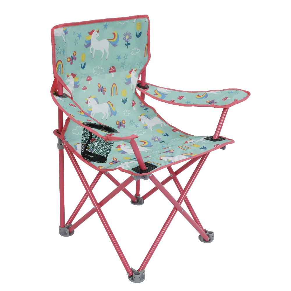 Kids Outdoor Table And Chair Set - เก้าอี้พับสำหรับเด็ก ลายยูนิคอร์น พร้อมตัวล็อคเพื่อความปลอดภัย พกพาสะดวก ใช้ได้ทั้งกลางแจ้ง ชายหาด